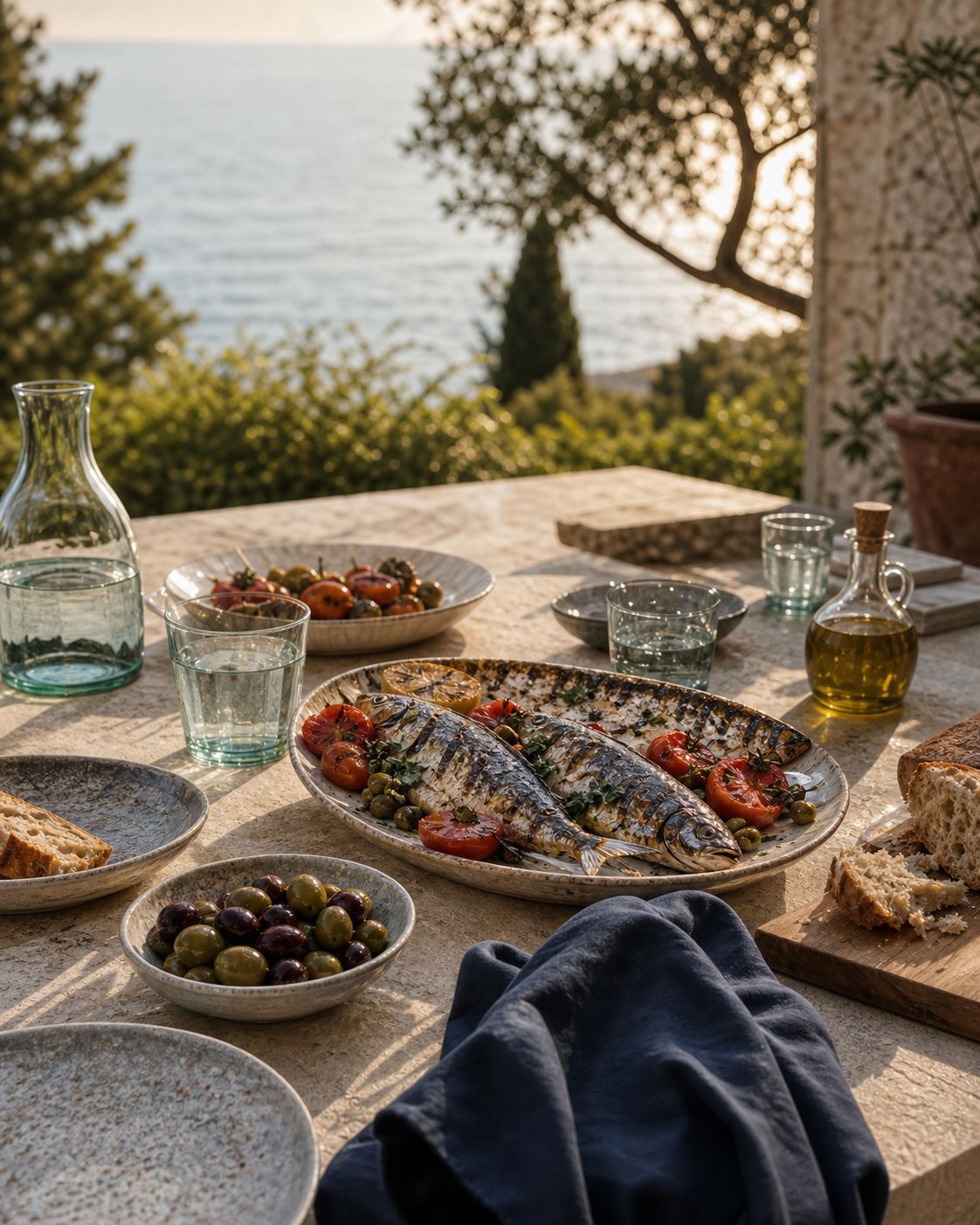 A generous Mediterranean table in late-afternoon light